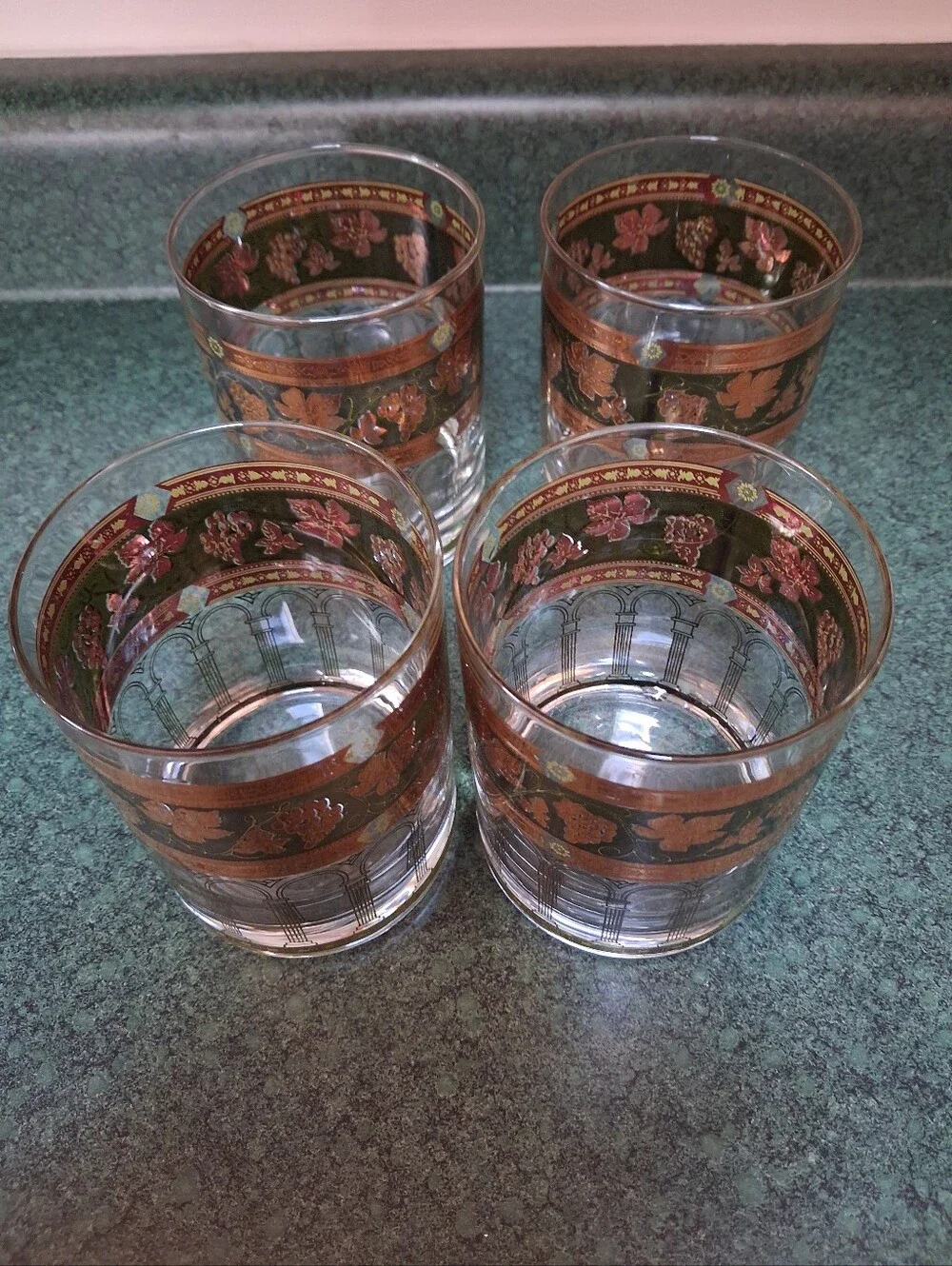 Set of 4 Vintage Floral Gold Band Lowball Glasses Cera Green Gold Grapes